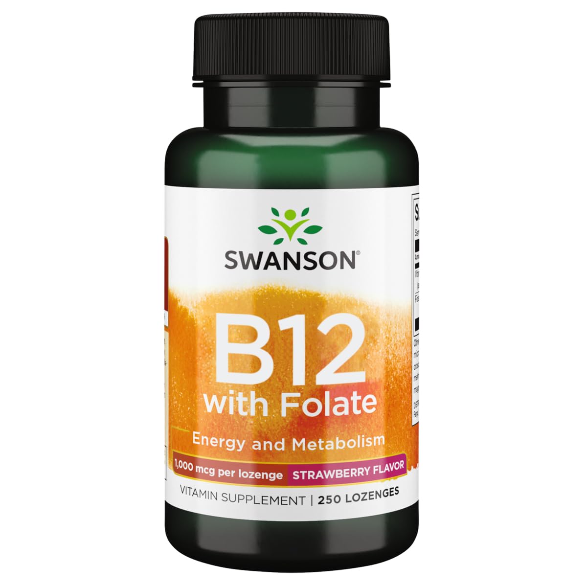 Swanson Vitamin B-12 lozenges bottle supports daily energy metabolism and nervous system health.