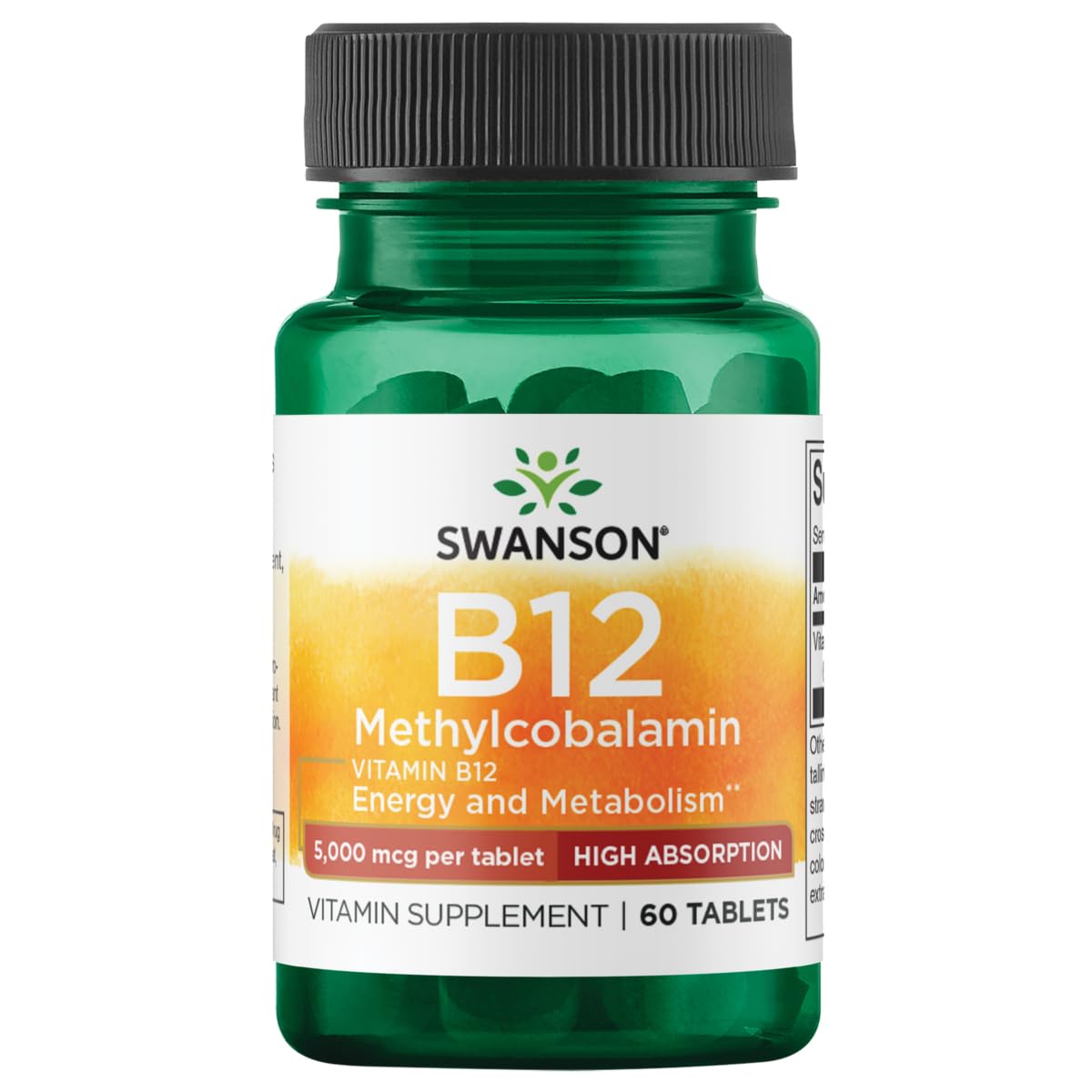 Swanson B-12 bottle label highlighting methylcobalamin, high absorption
