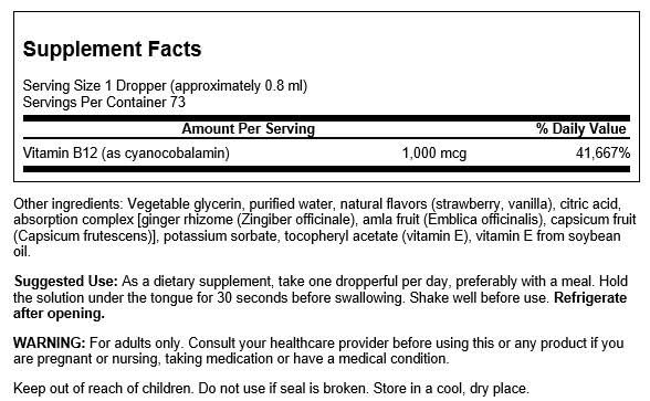 Swanson B-12 Sublingual Liquid label close-up highlighting potency and purity.