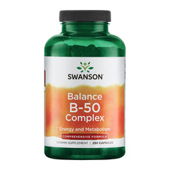 Swanson B-50 bottle front showing high-potency B vitamins for daily energy and immune support.