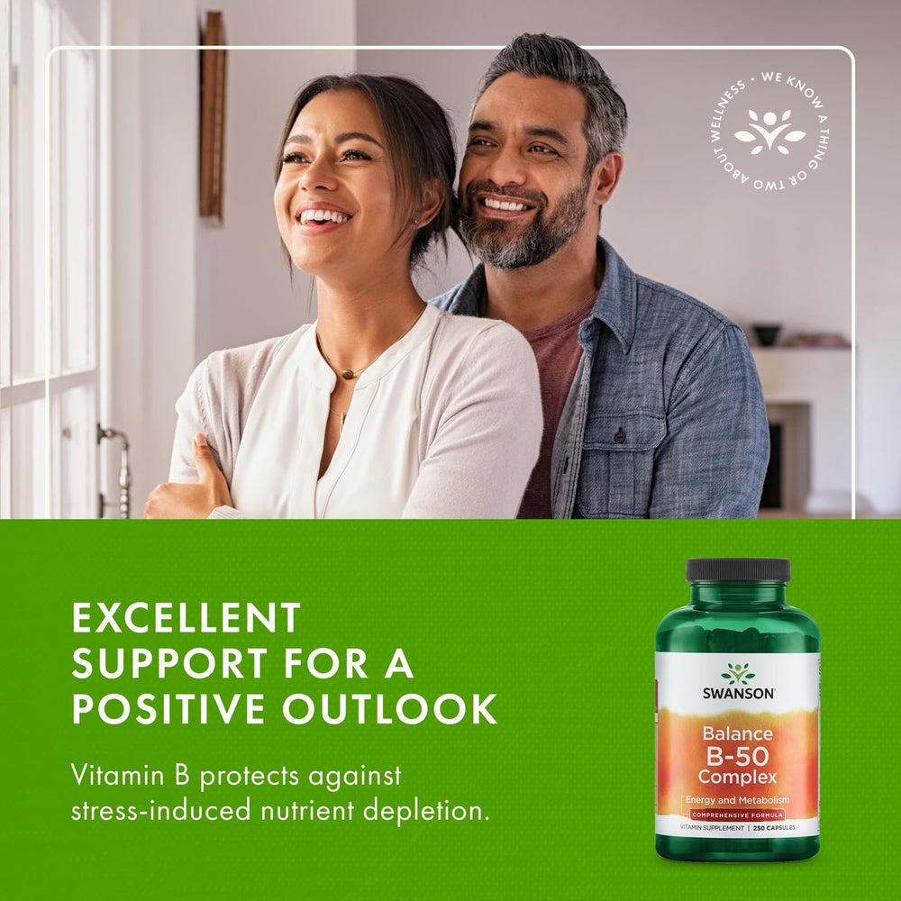 Swanson B-50 bottle with dosage directions for daily nutrient support.