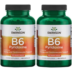 Swanson B6 Pyridoxine bottle with 100 mg capsules for daily energy and heart health support.