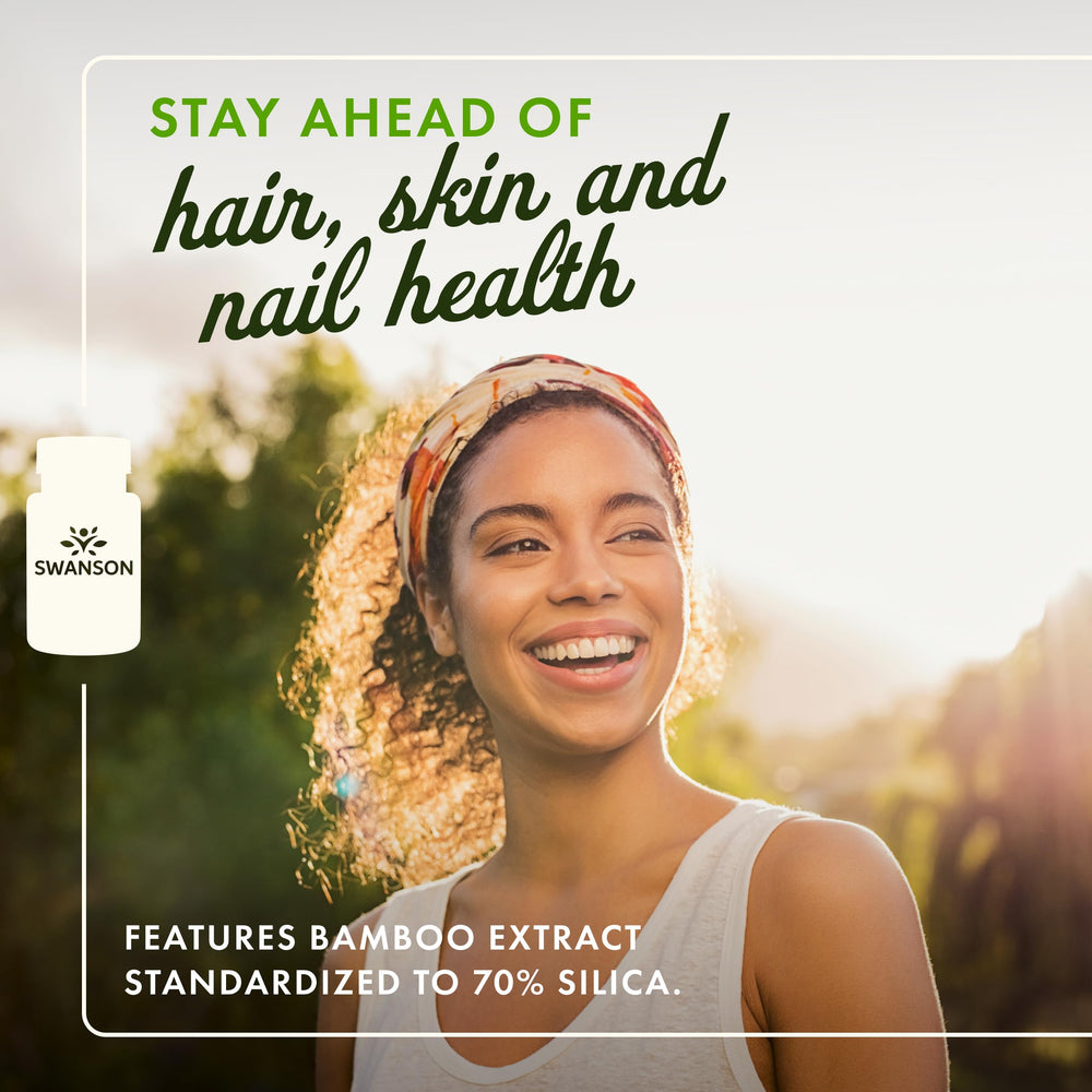Swanson Bamboo Extract bottle highlights 70% silica content for skin hydration.