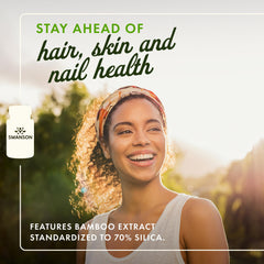 Swanson Bamboo Extract bottle highlights 70% silica content for skin hydration.