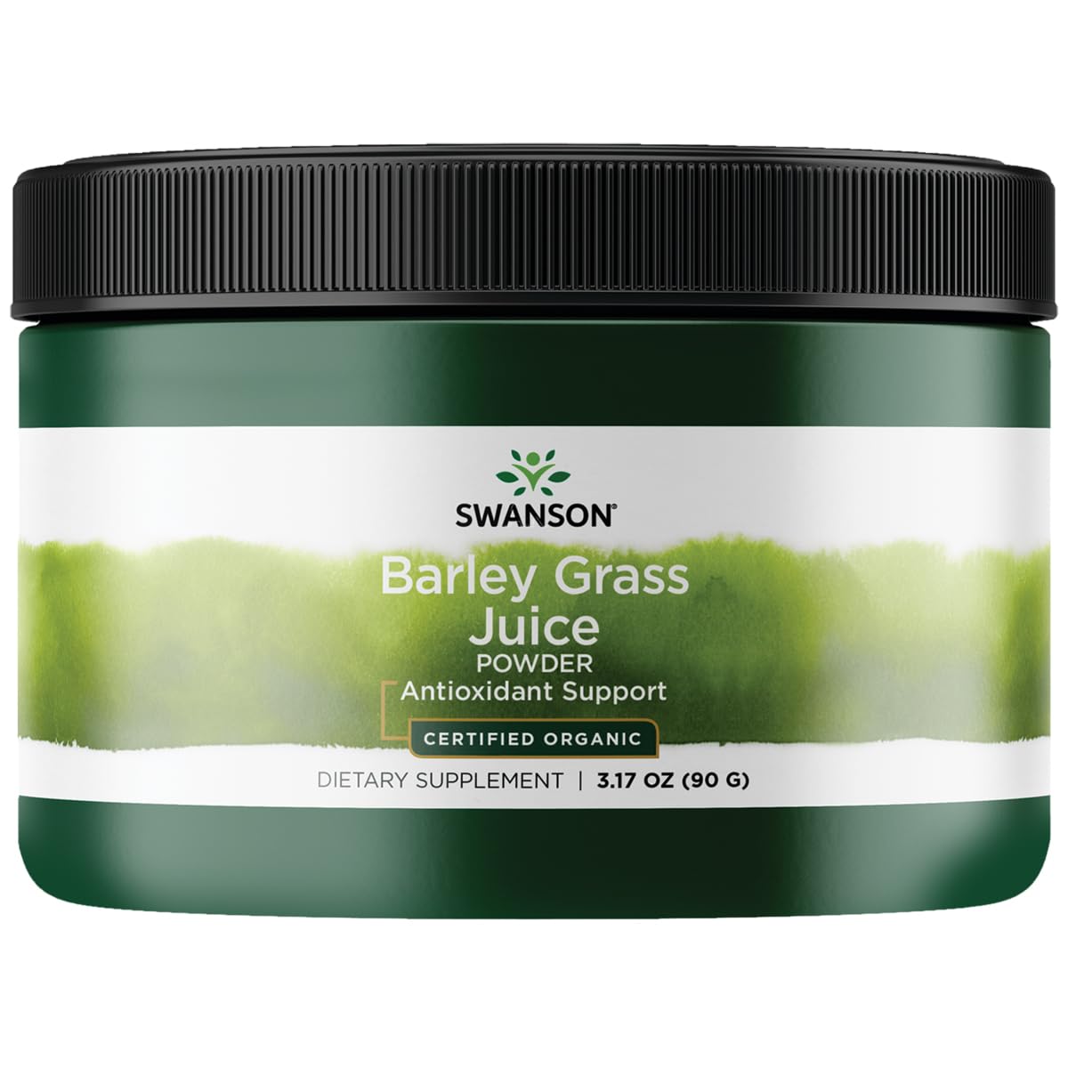 Swanson barley grass juice powder bottle showcases organic formula and antioxidant support.