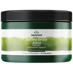 Swanson barley grass juice powder bottle showcases organic formula and antioxidant support.