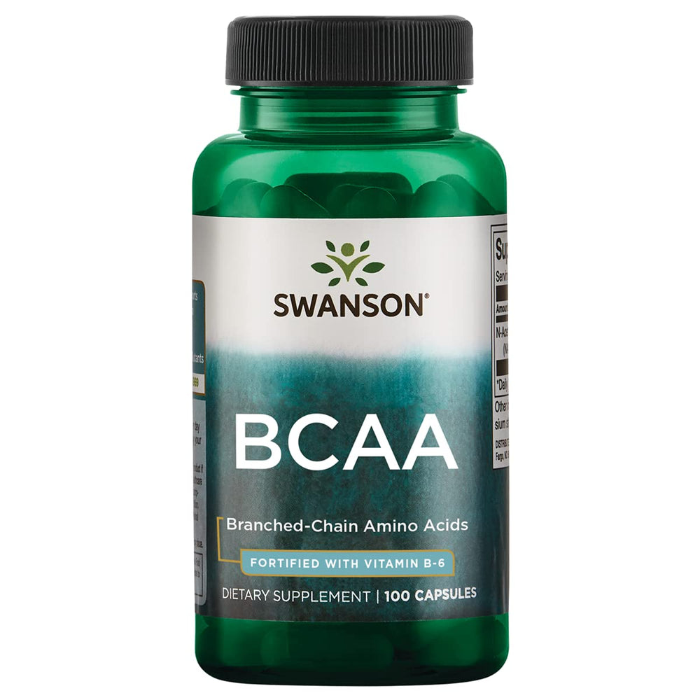 Swanson BCAA 100 Caps bottle front, highlighting branched-chain amino acids for training support