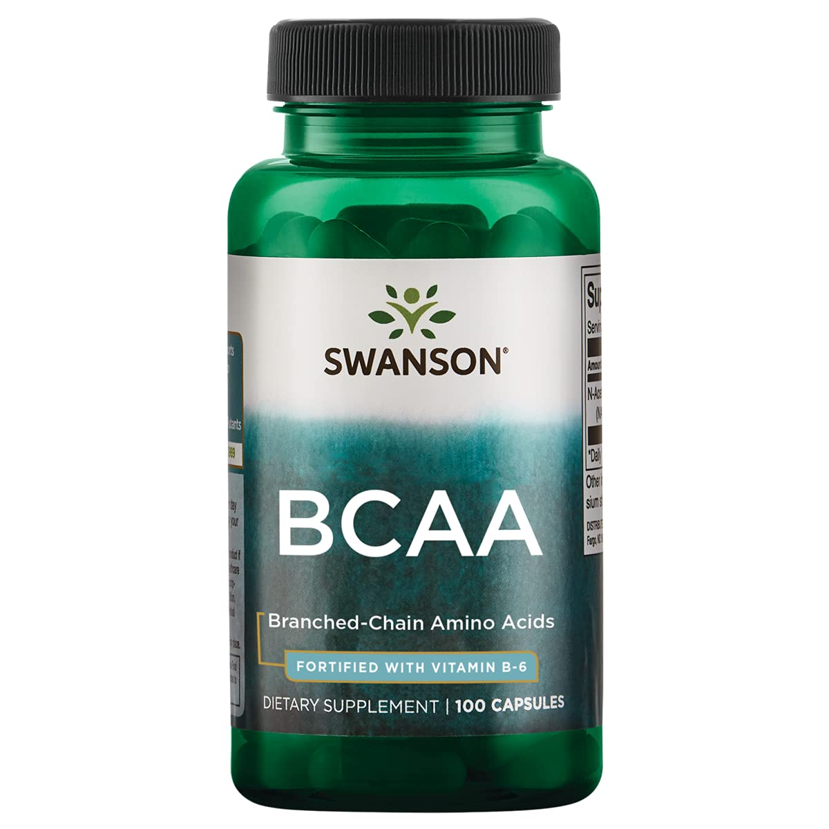 Swanson BCAA 100 Caps bottle front, highlighting branched-chain amino acids for training support