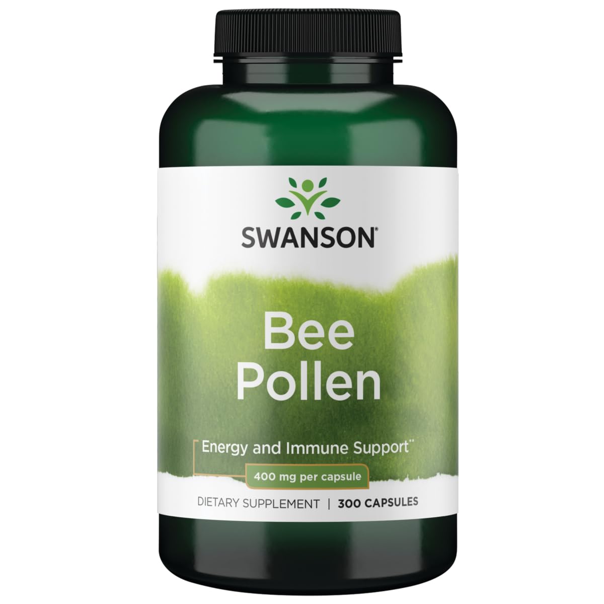 Swanson Bee Pollen 400mg bottle with capsules promoting daily energy support and immune health.