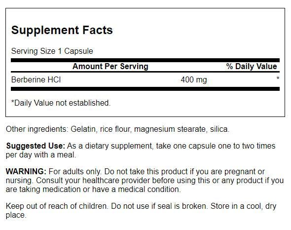 Swanson Berberine capsules closeup highlighting 400 mg dose for metabolic support.