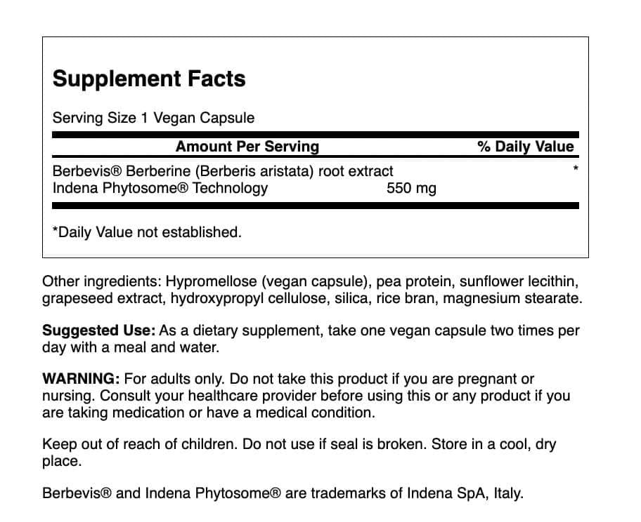 Swanson Berberine Advanced bottle back showing dosage instructions.