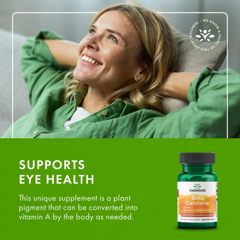 Swanson Beta-Carotene softgel close-up with icons suggests daily immune and eye support.