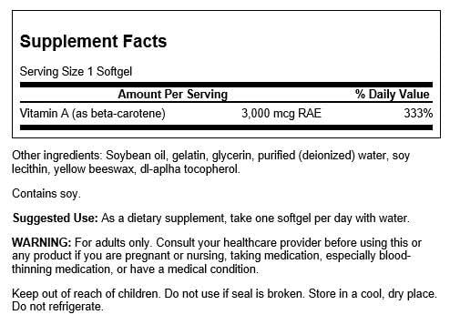 Swanson Beta-Carotene softgels nutrition label close-up showing potency for antioxidant support
