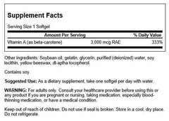 Swanson Beta-Carotene softgels nutrition label close-up showing potency for antioxidant support