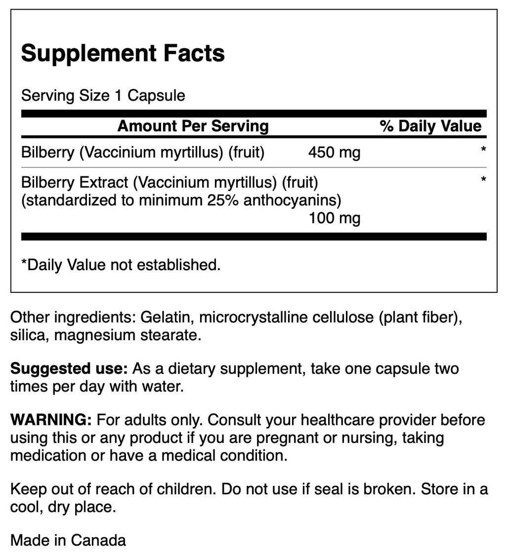 Swanson Bilberry capsules closeup highlighting standardized 100 mg strength.