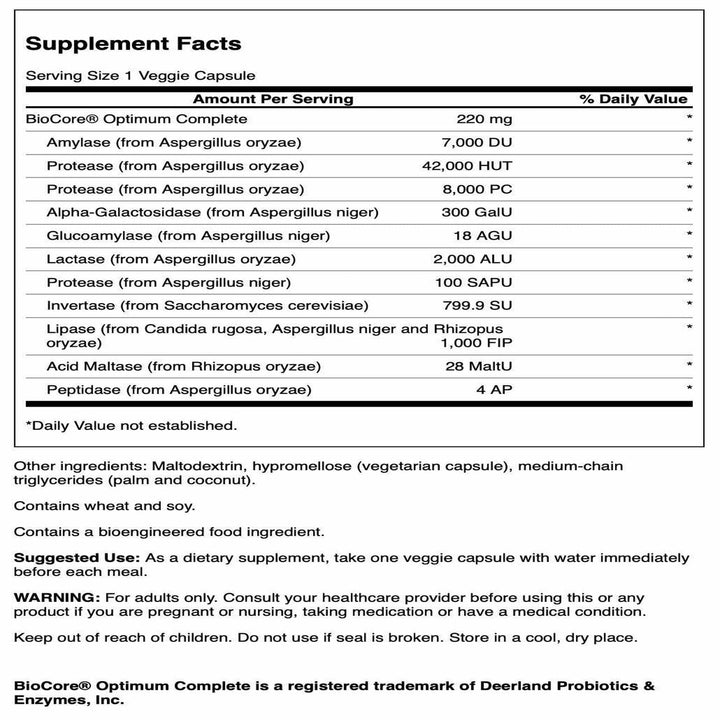 Swanson Biocore Optimum enzymes bottle pour showing easy-to-take capsules.