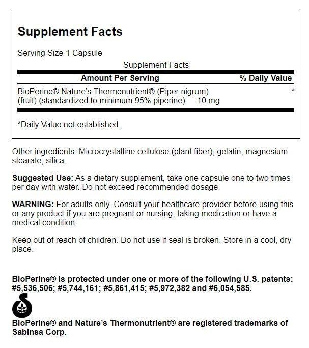 Swanson Bioperine ingredients label highlights plant-based formula for clean nutrient support.
