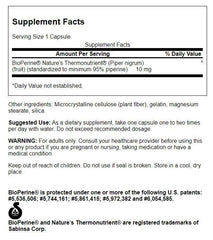 Swanson Bioperine ingredients label highlights plant-based formula for clean nutrient support.