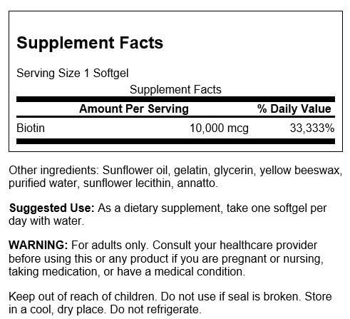 Swanson Biotin 10000 mcg softgel close-up highlighting high potency daily wellness option.