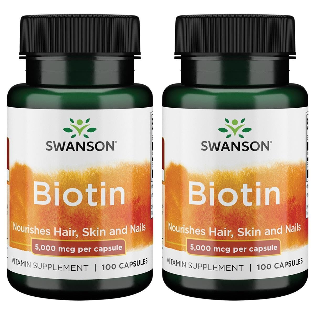 Swanson Biotin 5000 mcg bottle front supports hair, skin and nails health