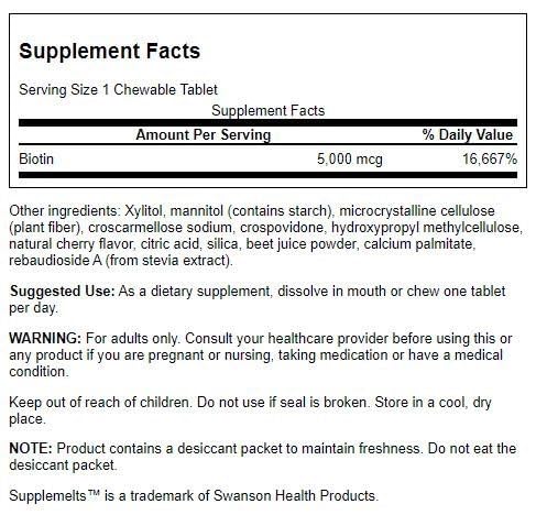 Close-up of Swanson Biotin 5000 mcg chewable tablets for daily energy and protein synthesis