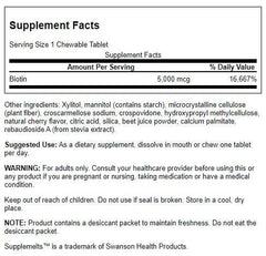 Close-up of Swanson Biotin 5000 mcg chewable tablets for daily energy and protein synthesis