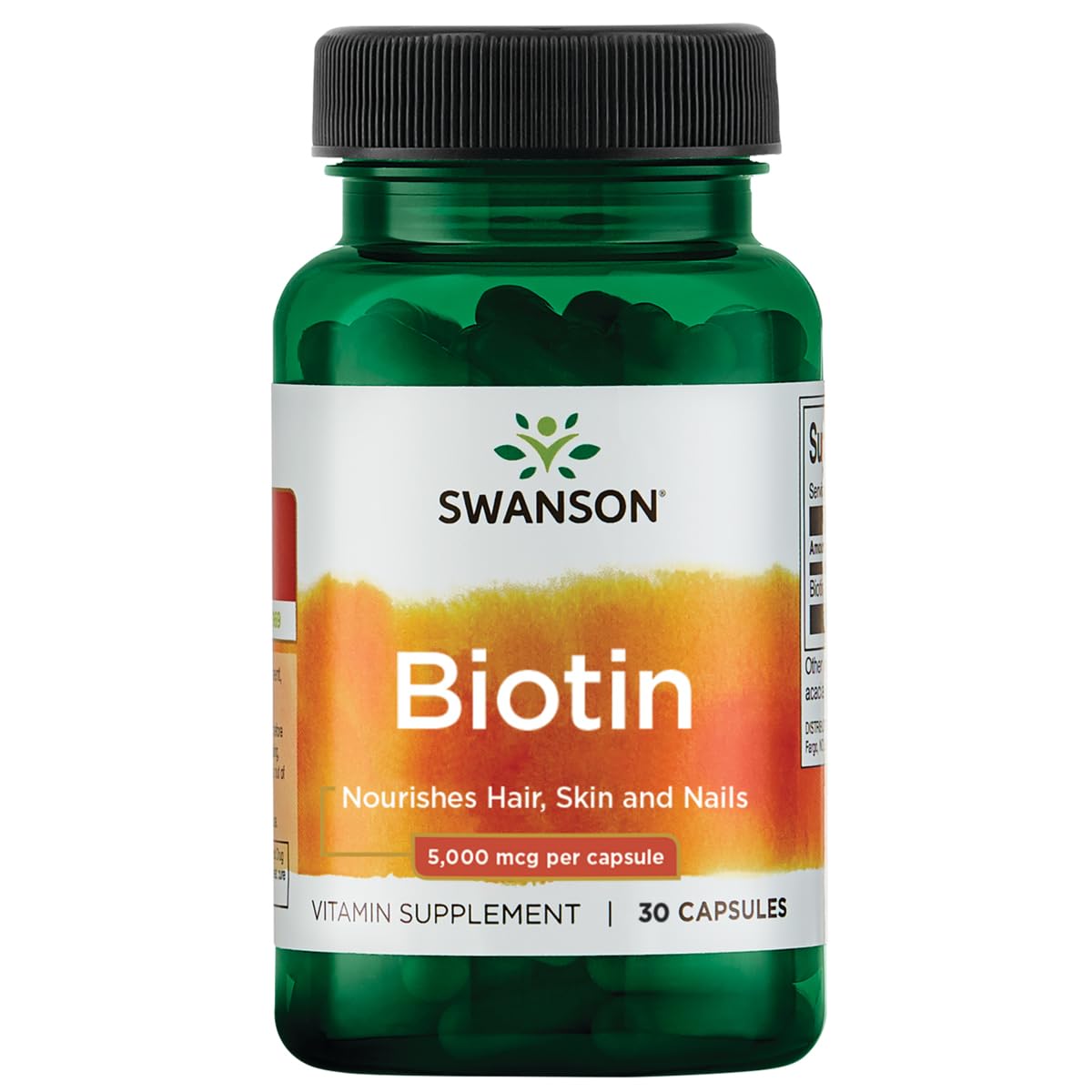 Swanson Biotin B7 5000 mcg capsules bottle for hair, skin and nails support.