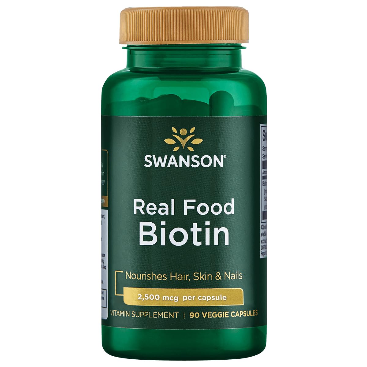Swanson Biotin bottle cap image showing vegan gluten-free B7 support for hair and nails