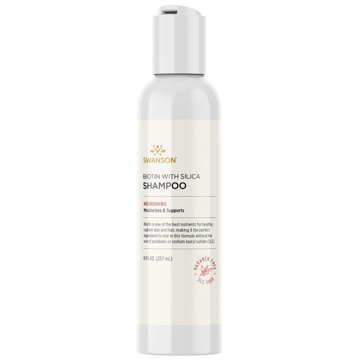 Swanson Biotin Shampoo with Silica bottle for easy daily cleansing and hair nourishment.