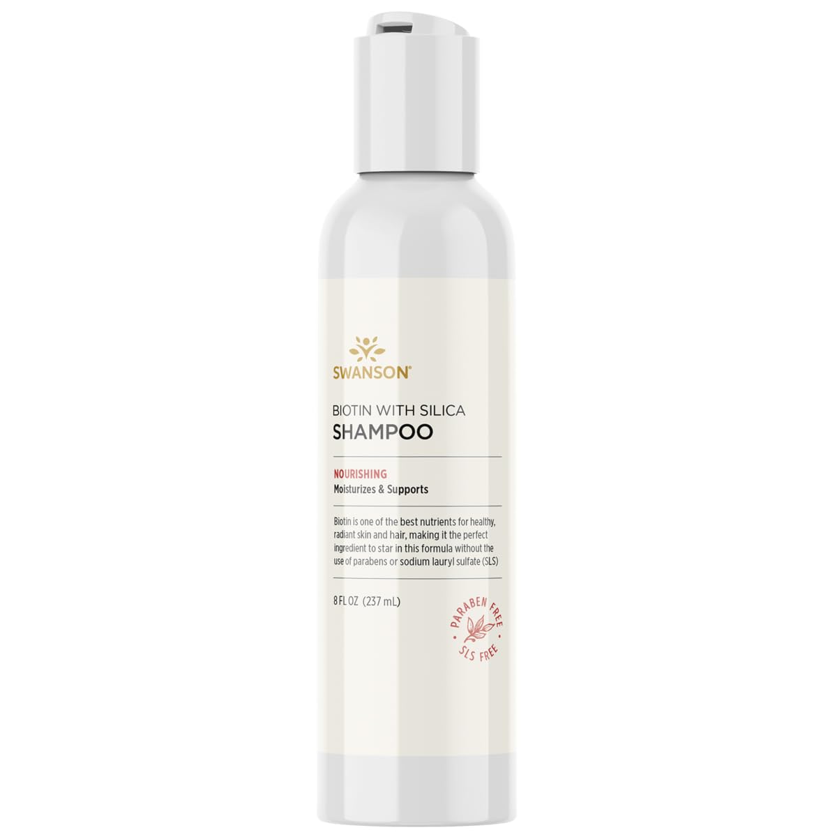 Swanson Biotin Shampoo with Silica bottle for easy daily cleansing and hair nourishment.