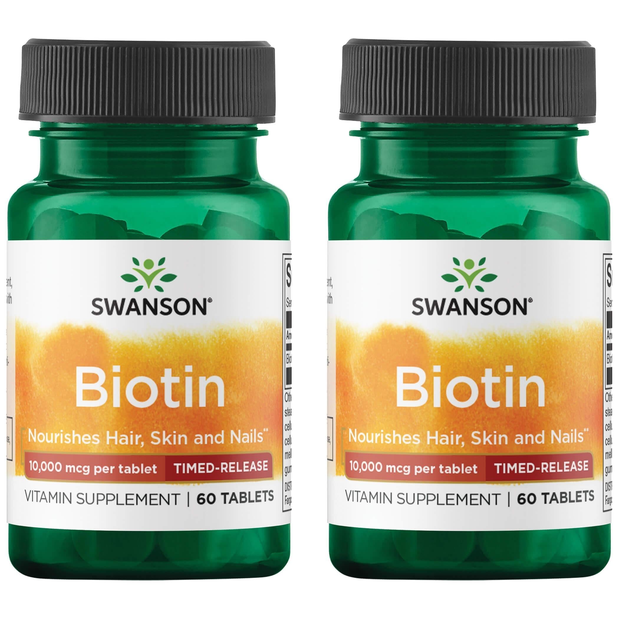 Swanson Biotin Timed-Release 10,000 mcg bottle for daily hair, skin, and nail support.