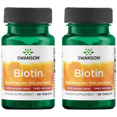 Swanson Biotin Timed-Release 10,000 mcg bottle for daily hair, skin, and nail support.