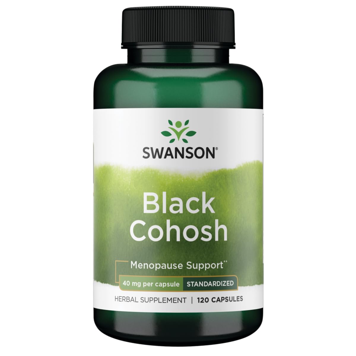 Swanson Black Cohosh bottle shows standardized 20 mg capsules for menopause support