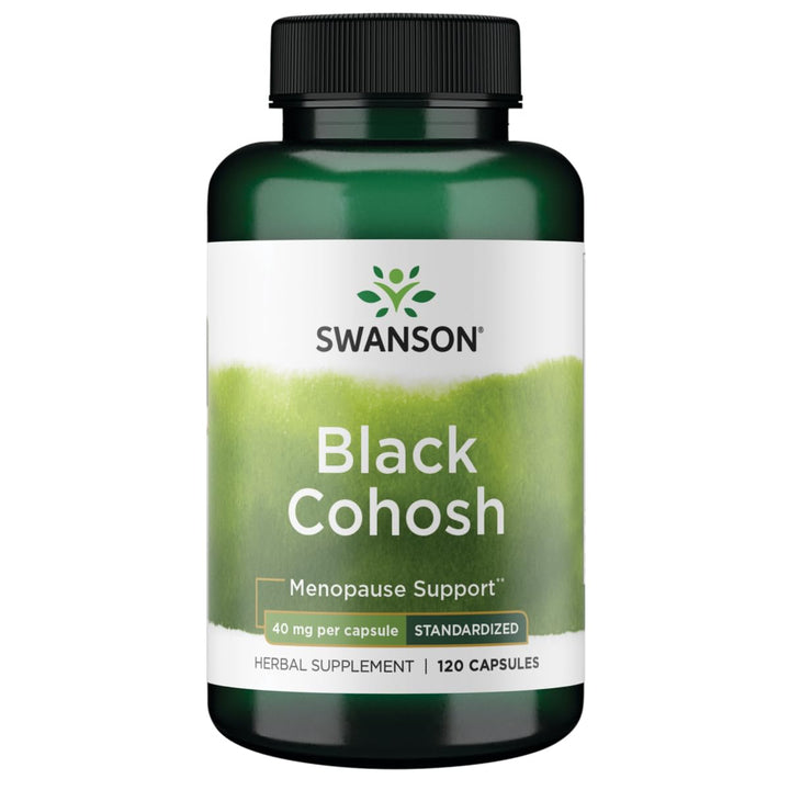 Swanson Black Cohosh bottle shows standardized 20 mg capsules for menopause support