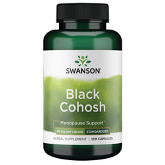 Swanson Black Cohosh bottle shows standardized 20 mg capsules for menopause support