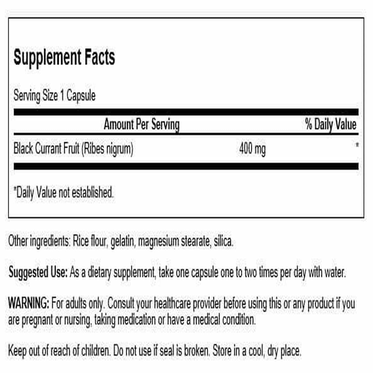 Swanson black currant capsules label close-up displays 400 mg strength for daily use.