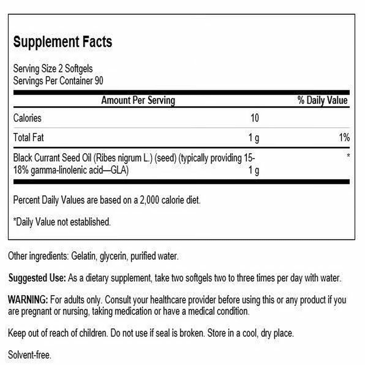 Swanson Black Currant Seed Oil softgels close-up for convenient daily use.