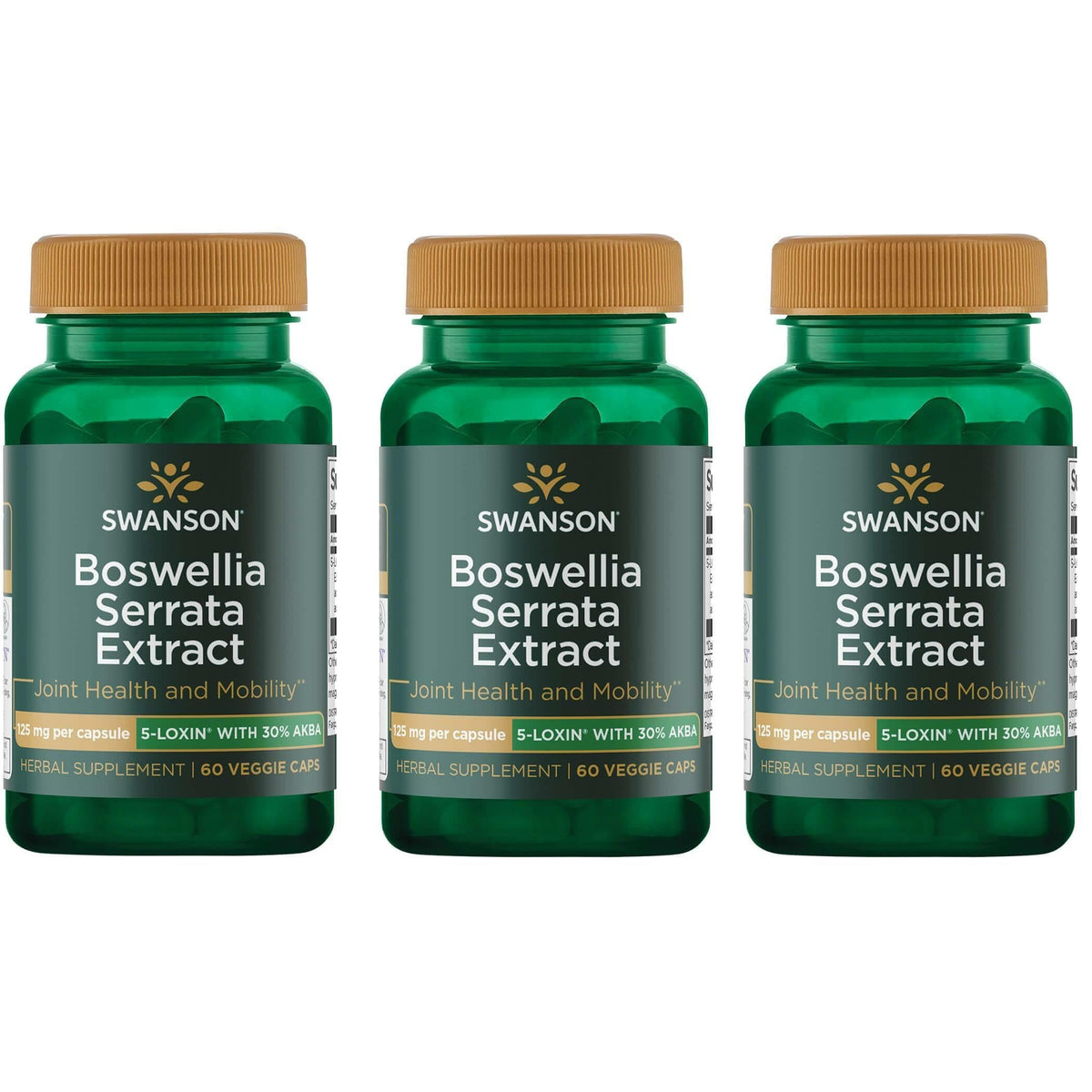 Swanson Boswellia bottle closeup with 125 mg veggie capsules for daily supplement routine.