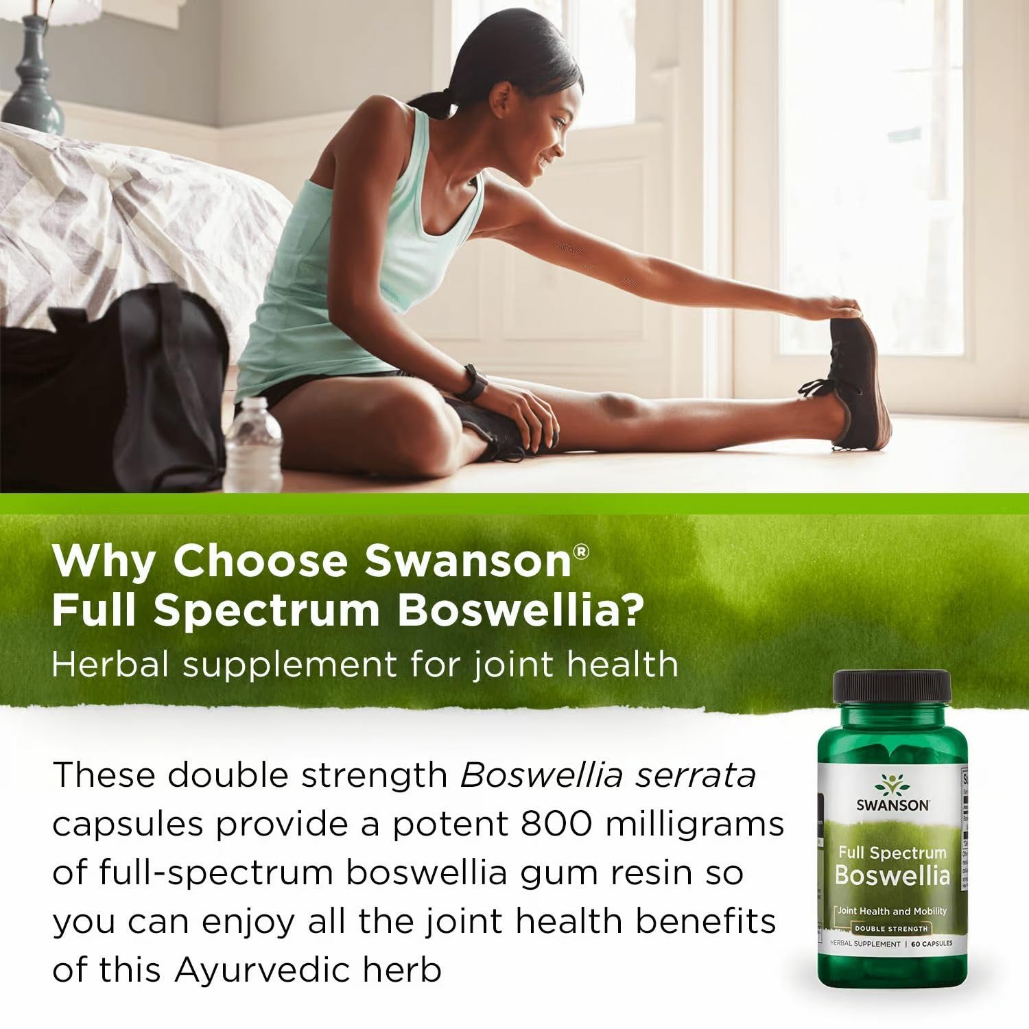 Swanson Boswellia capsules beside a glass of water for daily use