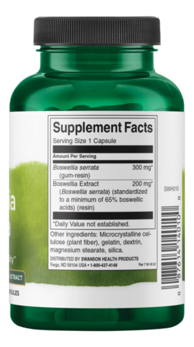 Swanson Boswellia Serrata capsules close-up illustrating consistent 200 mg dosing for daily joint care.