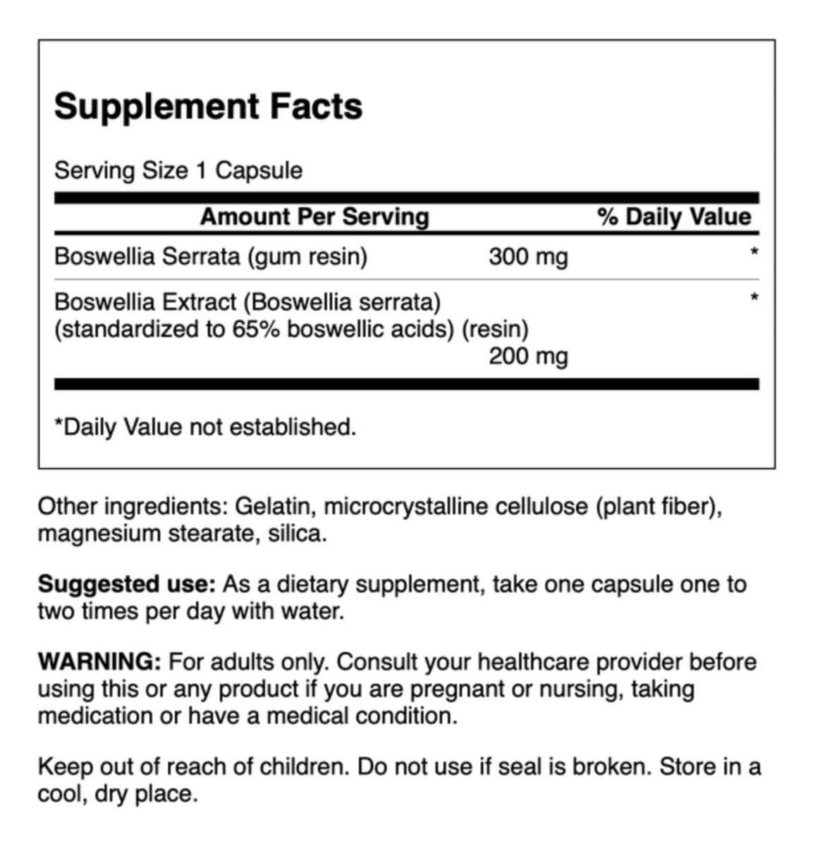 Swanson Boswellia Serrata label and packaging highlighting GMP heritage and 65% boswellic acids.