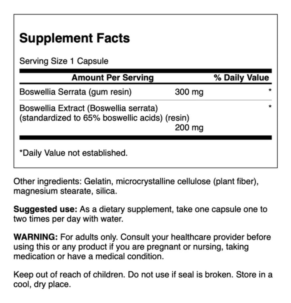 Swanson Boswellia Serrata label and packaging highlighting GMP heritage and 65% boswellic acids.