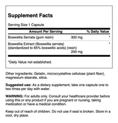 Swanson Boswellia Serrata label and packaging highlighting GMP heritage and 65% boswellic acids.