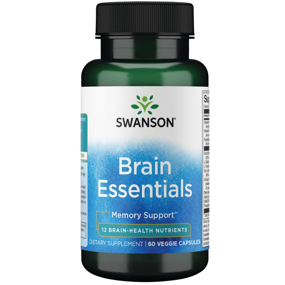 Swanson Brain Essentials bottle with capsules highlighting vegetarian formula for daily cognitive support.