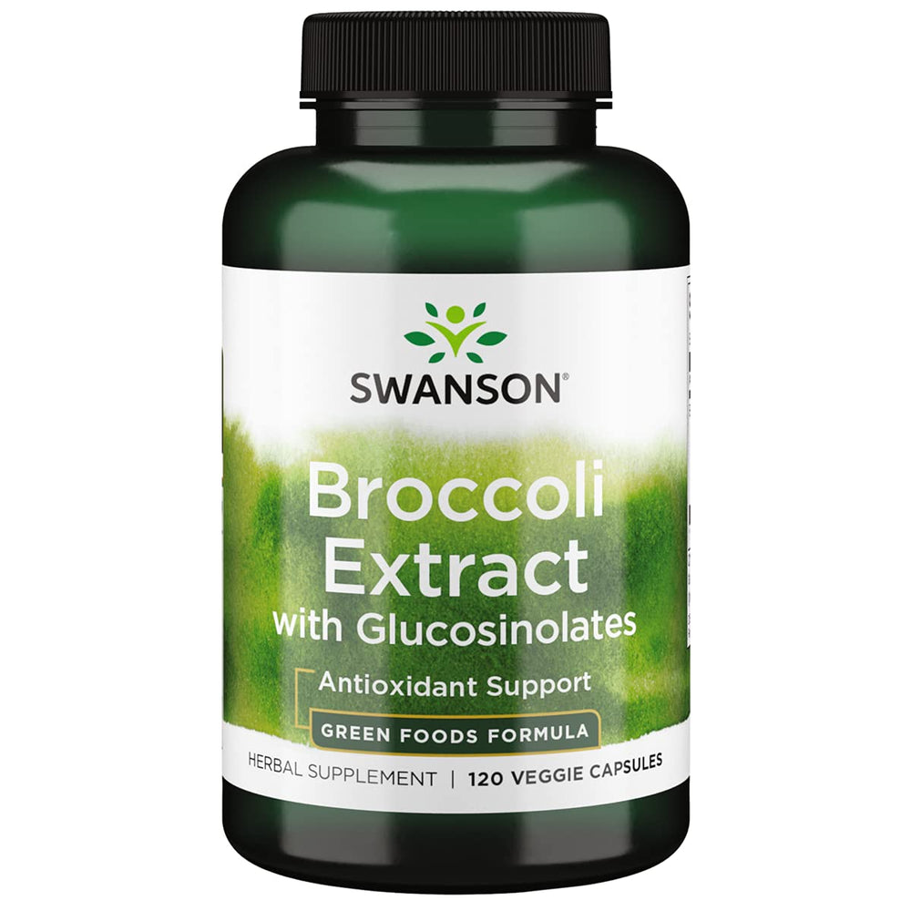 Swanson broccoli glucosinolates bottle highlights plant-based nutrition for daily wellness.