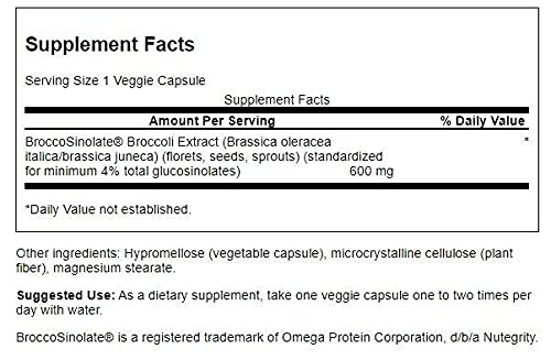 Swanson broccoli glucosinolates label emphasizes gluten-free and non-GMO attributes.
