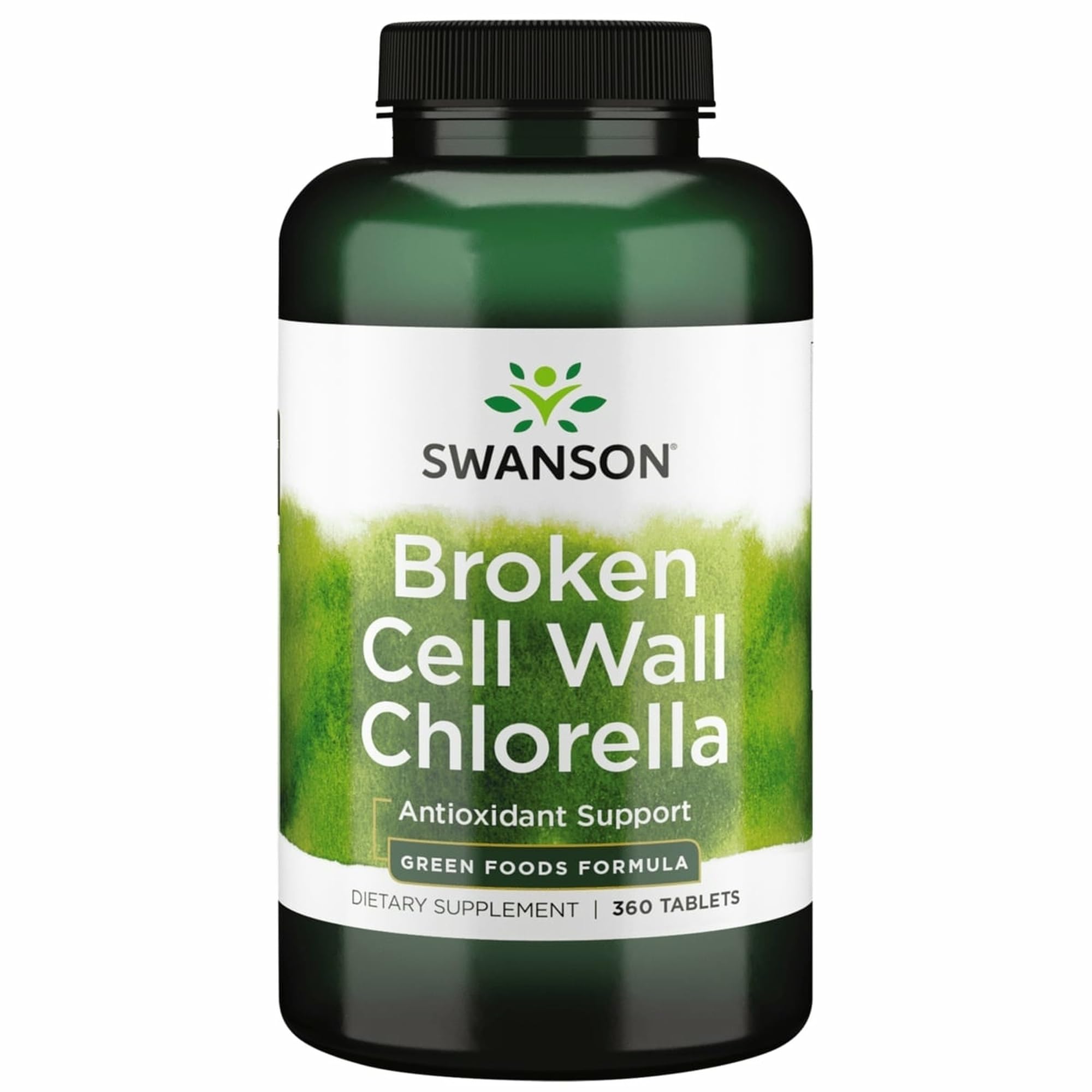 Swanson broken cell wall chlorella bottle-front displaying a 360-tablet supply for daily use.