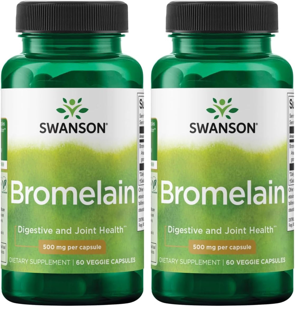 Swanson bromelain bottle pour showing pineapple enzyme for digestion support.
