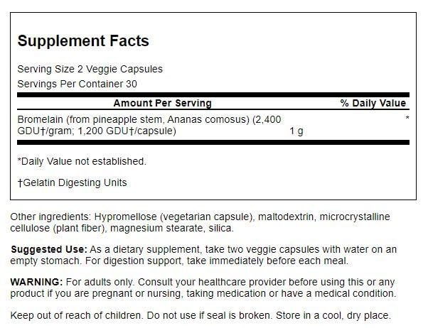 Swanson bromelain capsules close-up emphasizing enzyme potency for digestion and joint comfort.