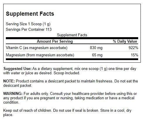 Swanson Buffered C Mag Ascorbate scoop showing easy mixing into drinks